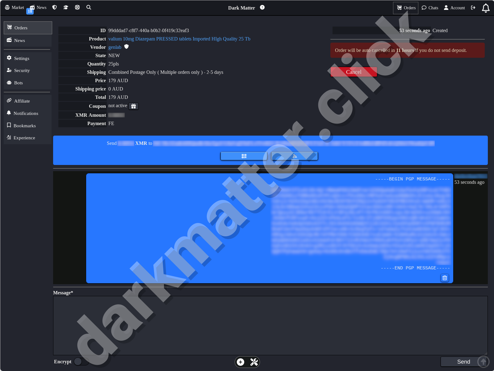 Dark Matter Darknet Market Order Process Screen
